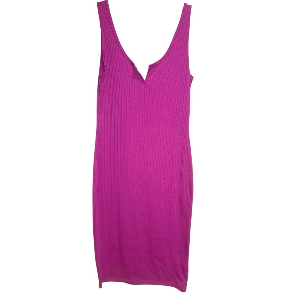 Love J USA Womens L Sleeveless Bodycon Midi Dress Pink Ribbed Scoop Neck Notch